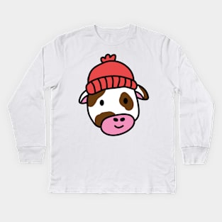 Cute cartoon dairy cow wearing a wooly hat Kids Long Sleeve T-Shirt